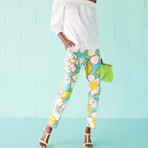 Trina Turk Moss 2 Capri Floral Ankle Pant Azure/Mustard Tapered Leg Pockets 4 - Picture 1 of 13